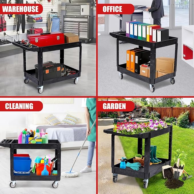 2 Tier Metal Utility Cart,330 Lbs Metal Heavy Duty Utility Cart On Wheels,2 Shelf Steel Rolling Tool Cart, Tool Storage Organizer for Mechanic, Garage, Workshop, Warehouse (Black, 46x25x33.5)