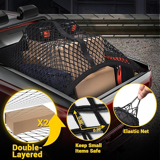 BUMBEE Truck Bed Cargo Net, Highly Elastic Double-Layered Stretchable up to 7ft x 7ft Small Mesh Durable Storage Organizer for Pickup Car Trunk SUV Boat