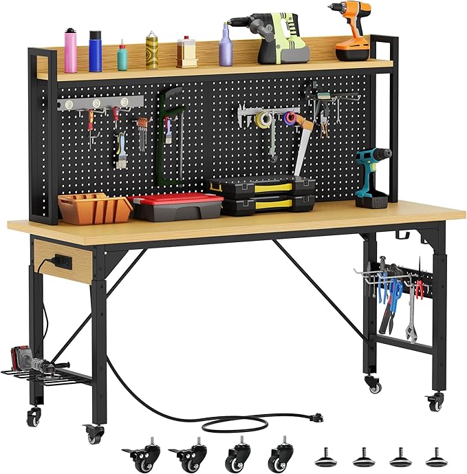 DWVO Adjustable Workbench with Pegboard 48", Heavy Duty Wood Top Work Bench with Wheels, 1600 LBS Load Capacity, Rolling Work Table with AC/USB Outlet, Hooks, Rack for Garage, Workshop, Office, Home