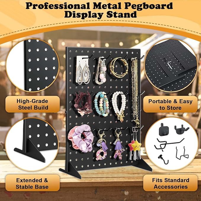 4 Pack Peg Board Display Stand for Vendors with 48 Hooks Metal Tabletop Pegboard Display Stand for Craft Shows 17" X 13" Retail Display Racks For Jewelry Earring Keychain PegBoard Organizer Black