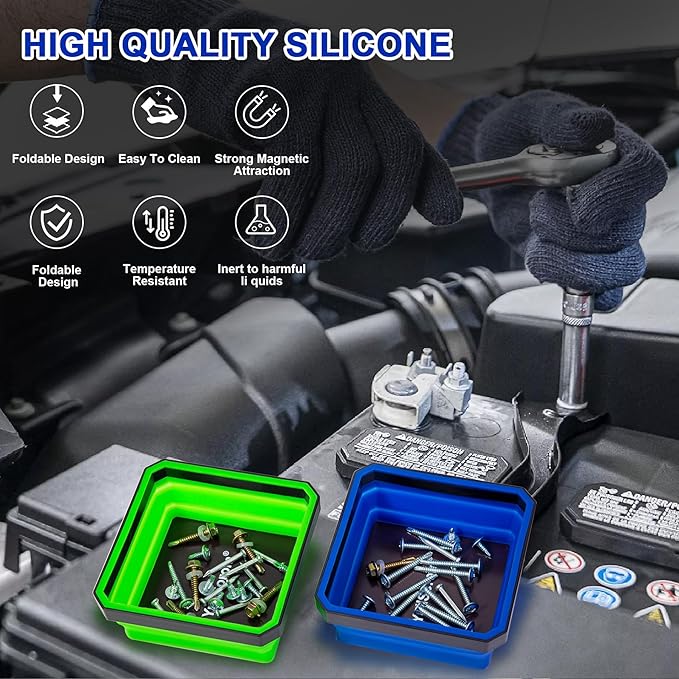 Collapsible Dual-Sided Magnetic Parts Tray Set, 4-Pack 4.5” Tool Trays for Screws Bolts Nuts Washers Pins with 1pc Magnetic Suction Rod