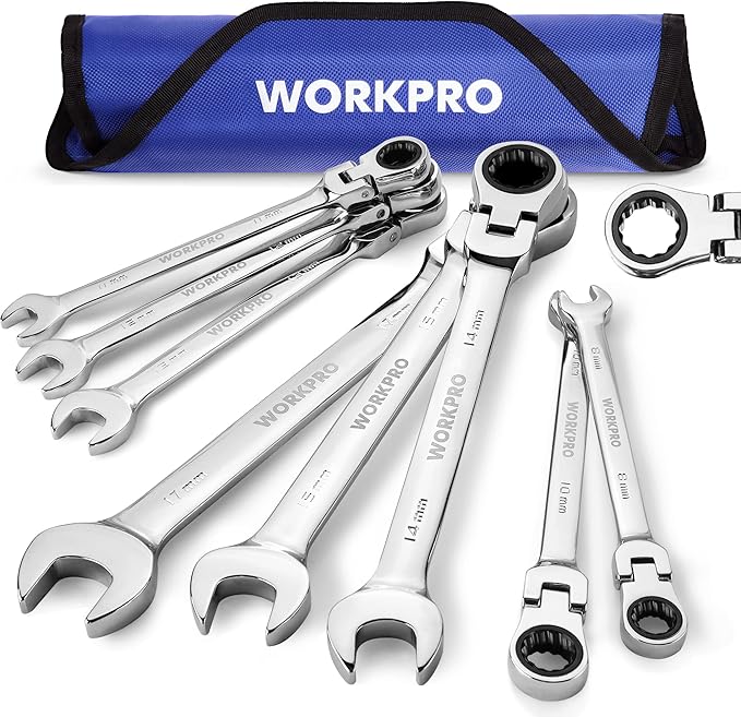 WORKPRO 8-piece Flex-Head Ratcheting Combination Wrench Set, Metric 8-17mm, 72-Teeth, Cr-V Constructed, Mirror Polished Chrome Plated with Roll Up Pouch