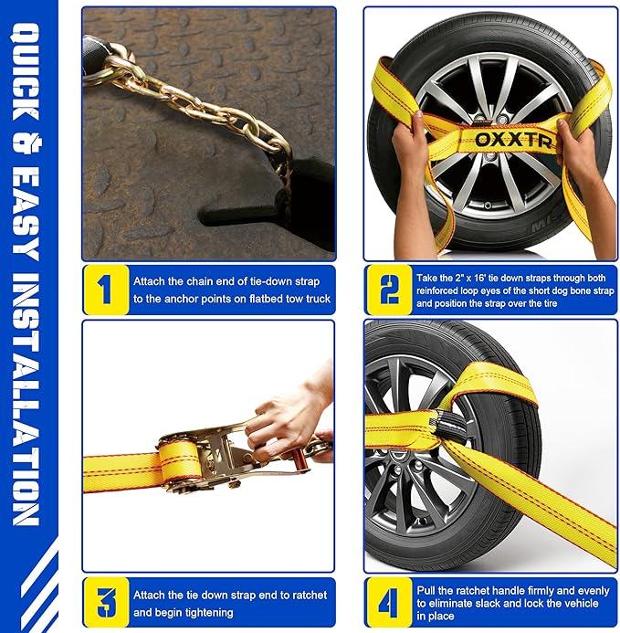 Replacement Dog Bone Short Strap,2" x 16",Sewn Eyes Loop Straps on Both Ends for 8-Point RollBack Tie Down System,4Pack,Heavy Duty Tow Truck Straps