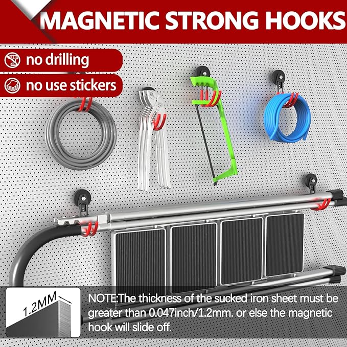3-H Heavy Duty Magnet Garage Hooks 2 Pack, J Shape Strong Magnetic Hooks for Hanging Cordless Power Drill, Utility Magnetic Tool Holder for Metal Cabinet, Steel Pegboard, Toolbox, Garage(Red)