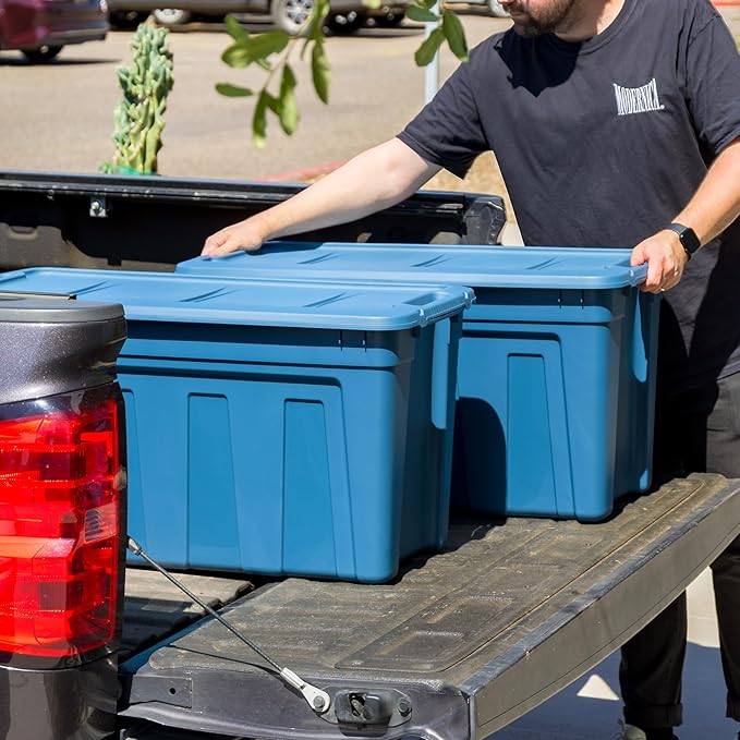 IRIS USA 31 Gallon Eco-Friendly Heavy Duty Storage Totes with Easy-Grip Handles, 4 Pack - Large Bins with Lids Garage Organizing Tubs, Durable Stackable Utility Containers, Made in USA - Navy