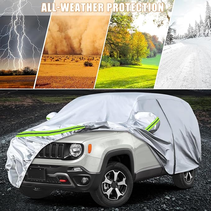 Waterproof Car Covers Replace for 2015-2025 Jeep Renegade, 6 Layers Silver All Weather Car Cover with Zipper Door & Windproof Bands for Snow Rain Dust Hail Protection