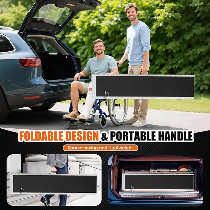 8FT Aluminum Folding Wheelchair Ramp - Heavy Duty 800 lbs Capacity, Portable Ramp for Cars, Stairs, Doorways, Scooters & Home Steps with Non-Slip Surface