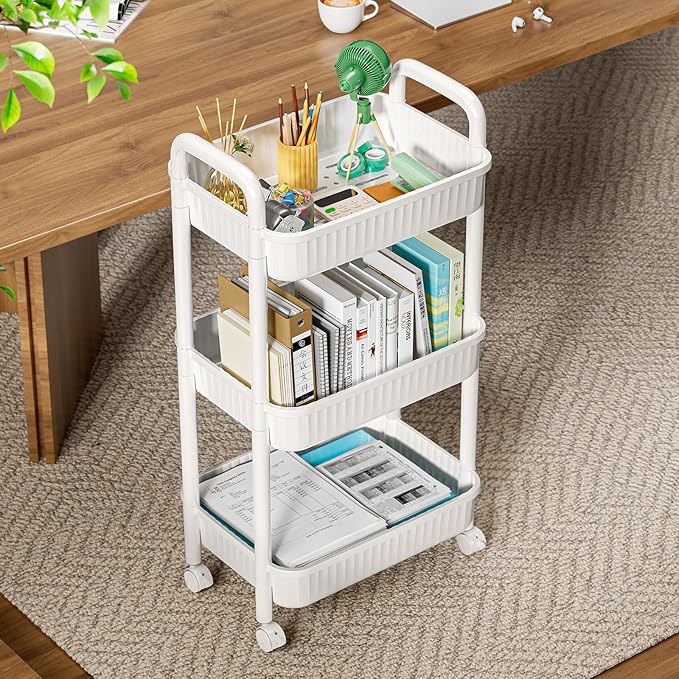JOYZAN 3 Tier Rolling Carts with Wheels, Utility Cart with Handle and Locking Caster, Storage Cart for Kitchen, Office, Bedroom, Suitable for Diaper, Art Tools, Snack, Craft Storage Cabinet, White