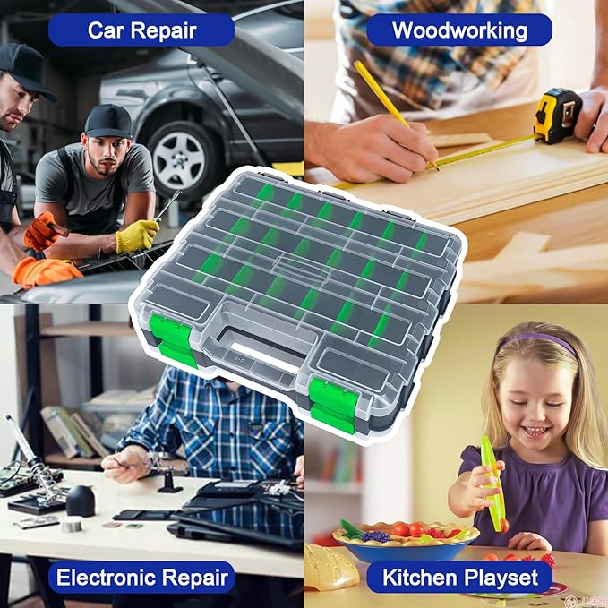 Tools Organizer Box Small Parts Storage Box 50-Compartment Double Side Hardware Organizers with Removable Plastic Dividers for Screws, Nuts, Nails, Bolts, Green