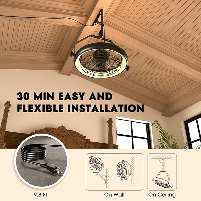 Wall Mounted Fan with Lights, 23” Wall Mount Fan with Remote, 6 Speeds Plug in Wall Fan, Reversible, 3CCT, Dimmable, Noiseless, 360°Adjustable Tilt for Workshop, Patio, Home
