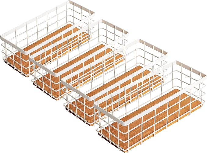 TIEYIPIN Small Metal Wire Storage Basket, Detachable Wood Base Storage Organizer Bin Basket for Kitchen Cabinets, Bathroom, Pantry, Garage, Laundry Room (Cream White, 4 Pack)