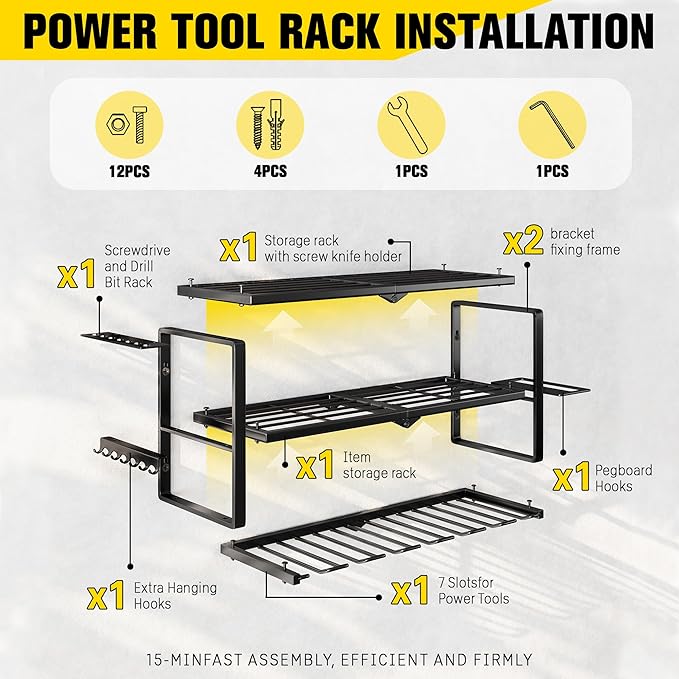 Hipidian Heavy Duty Power Tool Organizer Wall Mount - 300lb Capacity 3-Tier Storage Rack with 7 Drill Holders for Garage Workshop Tools