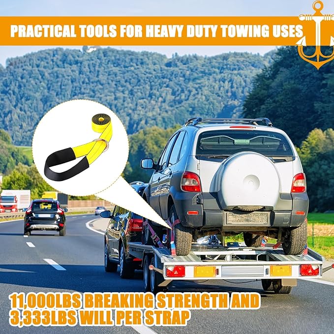 12 Pack Lasso Tow Truck Straps with D Ring 11, 000 Lbs Break Strength D Ring Auto Tie Down Wheel Lift Trailer Strap for Hauling Utv SUV Wrecker Rollback (2" X 12ft,Yellow)