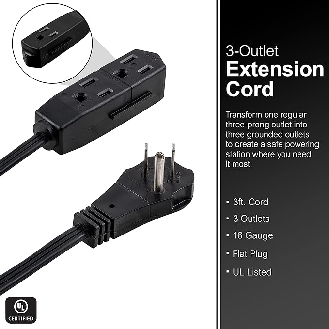 GE 3-Outlet Flat Extension Cord 3 Ft Grounded Extension Cord with Multiple Outlets 3 Prong Outlet Extender Flat Plug Indoor Power Strip 16 Gauge UL Listed Black 69877