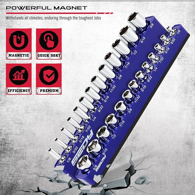2-Piece 1/4"-Drive SAE Magnetic Socket Organizer Set (Holds 26 Sockets) - Detachable Tool Tray with 5mm Magnetic Base, Screw-Fixed Design & Heavy-Duty Modular Storage for Garage/Home Workshop