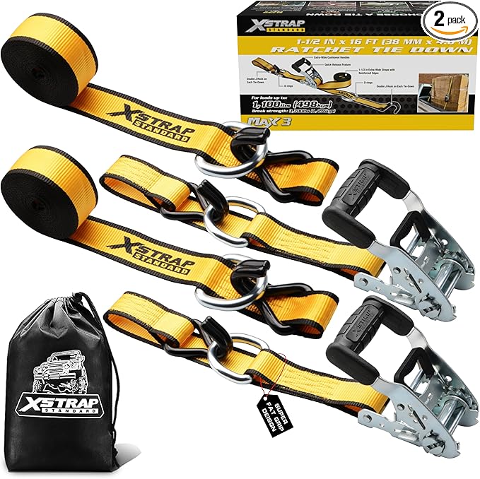 XSTRAP STANDARD 2 Pack 1.5" x 16' Ratchet Tie Down Straps - 1100Lbs Working Load, 3300Lb Break Strength, Heavy Duty Double J-Hook for Truck, Trailers & Cargo, Yellow
