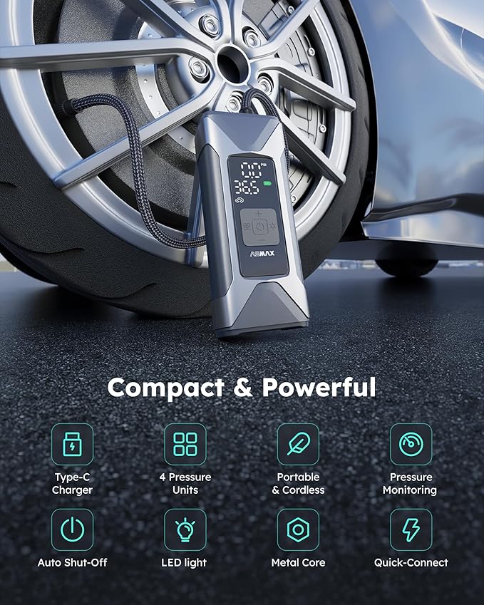 ASMAX T10 Tire Inflator Portable Air Compressor, 160PSI Cordless Electric Air Pump with 7500mAh Battery, Digital Gauge, Auto Shut-Off, Fast Inflation for Car, Motorcycle, Bike, Bicycle, Balls