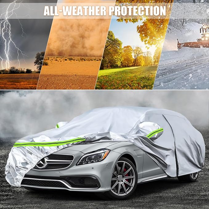 Waterproof Car Covers Replace for 2004-2025 Mercedes Benz CLS, 6 Layers Silver All Weather Car Cover with Zipper Door & Windproof Bands for Snow Rain Dust Protection
