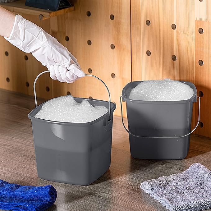 Zhehao 6 Pcs 3 Quart Bucket for Cleaning Small Sanitizer Bucket for Restaurant Square Plastic Pail with Handles for Home, Offices, Commercial Use, Food Service(Gray)