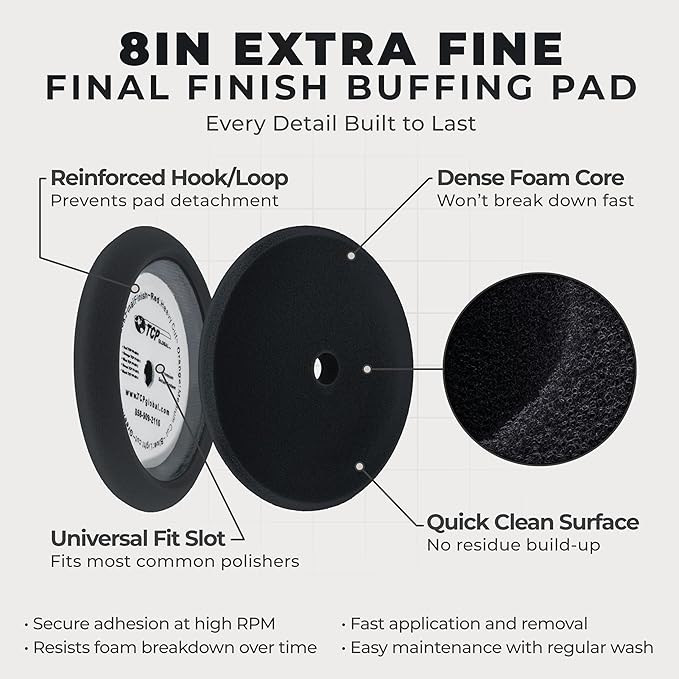 TCP Global 8" Black Foam Buffing Pad Extra Fine Finishing Polish Hook and Loop Backing - Buffing Pad for Automotive, Marine, Truck, RV & Compound Cutting