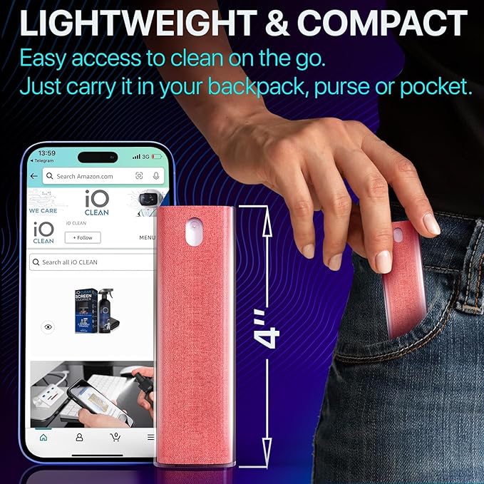 IO CLEAN Mini Screen Cleaner Spray – Finger Proof Screen Cleaner for Smartphones, iPads, MacBooks, Laptops, Car Screens, Touchscreens – 3in1 Mist Cleaner, Microfiber Cloth and Protective Cover (Red)