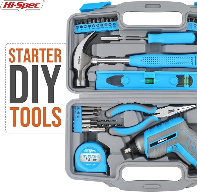 Hi-Spec 35pc Blue Tool Kit with 3.6V USB Electric Screwdriver and Drill set. Complete General Tool Set
