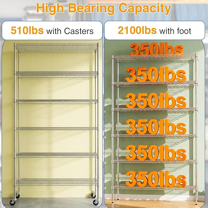 BestOffice | 6-Tier Wire Shelf with Wheels | 45"x18"x82" | Chrome | Adjustable Racks | Heavy-Duty Storage Shelves, Holds Upto 510 lbs | Rust-Resistant, No-Tool Assembly | for Home, Garage Shelving