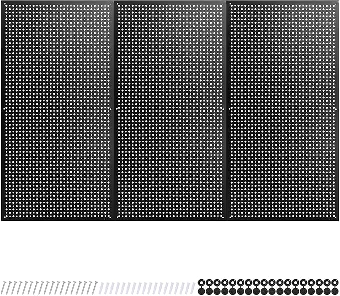 Metal Pegboard for Garage Storage,Steel Pegboard Heavy Duty 16-Inch X 32-Inch Metal Peg Board Tool Organization Panels (Black, 3 Pack)