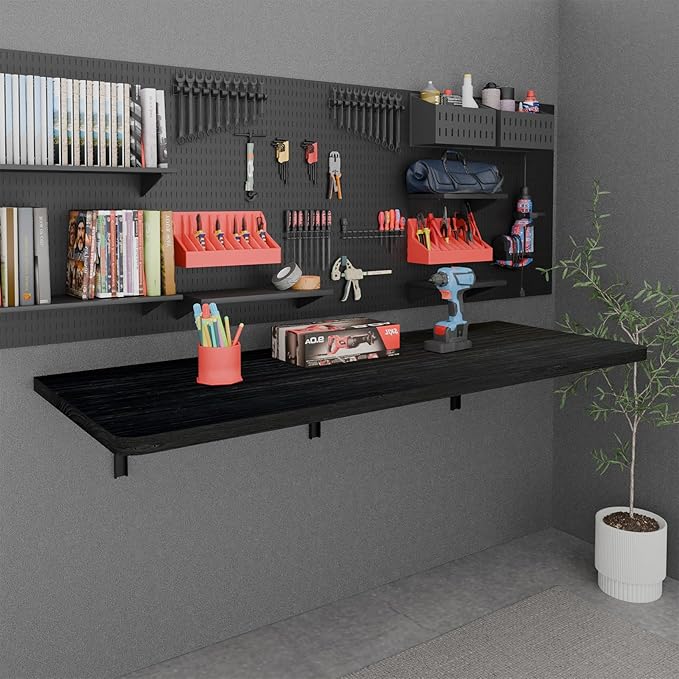 IAE Floating Wall Mounted Folding Table Desk with Pine Wood,55" x 22" Foldable Workbench,Fold Down Wall Mounted Foldable Desk with Shelf Brackets,Laundry Folding Table for Home,Dining,Kitchen,Black