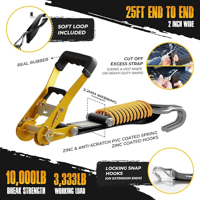 TorkStrap Pro 25' x 2'' Self Tensioning Ratchet Straps (10,000LB Break Strength) - Adjusts to Load Shifts - Heavy Duty & Industrial Use - Integrated Soft Loops - Heavy UTV, Cargo, ATV, Trucks (1-Pack)