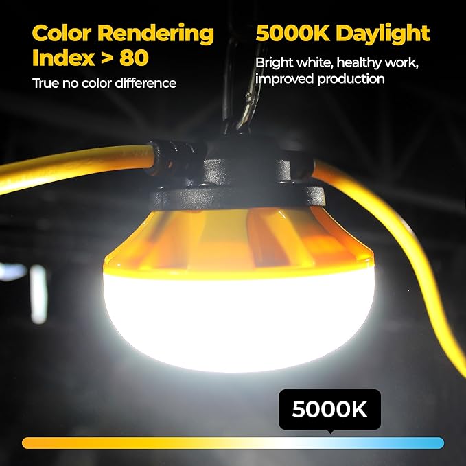 50ft LED String Lights: 3 Prong 50w 5500lm ETL Certified Bright Industrial Outdoor Temporary Lighting Hanging IP65 Waterproof 18AWG Wire Construction Work Light for Attic Jobsite Garage