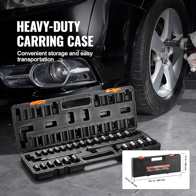 VEVOR 3/8" Drive Impact Socket Set, 29 Piece Shallow Socket Set SAE 3/8"-1" and Metric 8-22mm, 6 Point CR-V Alloy Steel for Auto Repair, Easy-to-Read Size Markings, Rugged Construction, Storage Case