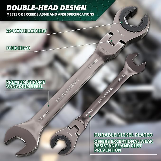 PRIDE&CRAFT 6-Piece Flex-head Ratcheting Wrench Set, Metric 10-17mm Tubing Wrench Set, CR-V Steel, Nickel Plating, Open-head Brake Line Wrench Set with Organizer Pouch