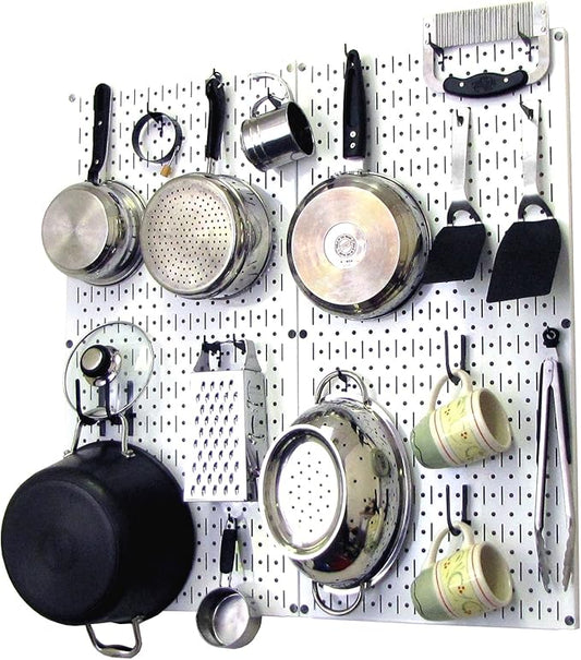 Wall Control Kitchen Pegboard Organizer Pots and Pans Storage Rack Organization Kit with White Pegboard and Black Accessories