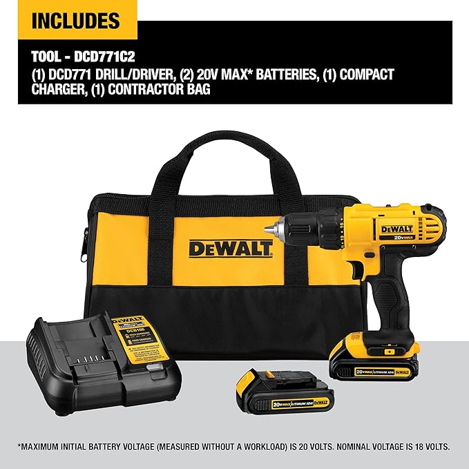DEWALT 20V Max Cordless Drill/Driver Kit, Compact (DCD771C2) and 13-Piece Black Oxide Drill Bit Set with Pilot Point