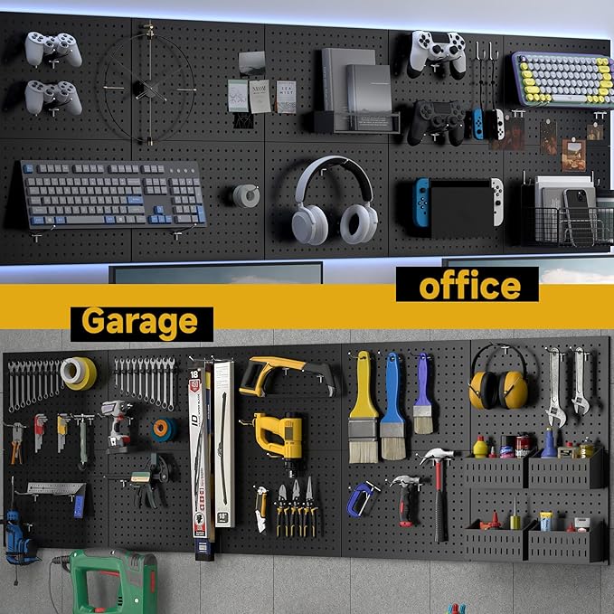 74PCS Pegboard Wall Organizer, 4 Pack Metal Pegboard Panels with 70 Hooks, 32" x 24" or 64" x 12" Black Peg Board for Walls, Garage, Craft Room, Cold-Rolled Steel