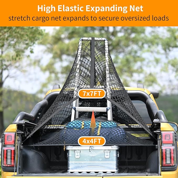 Highly Elastic Cargo Net - Double Layer Truck Bed Cargo Net for Pickup Trucks, Vans, and SUVs | 4x4 FT Stretches to 7x7 FT, Perfect for Daily Light Loads