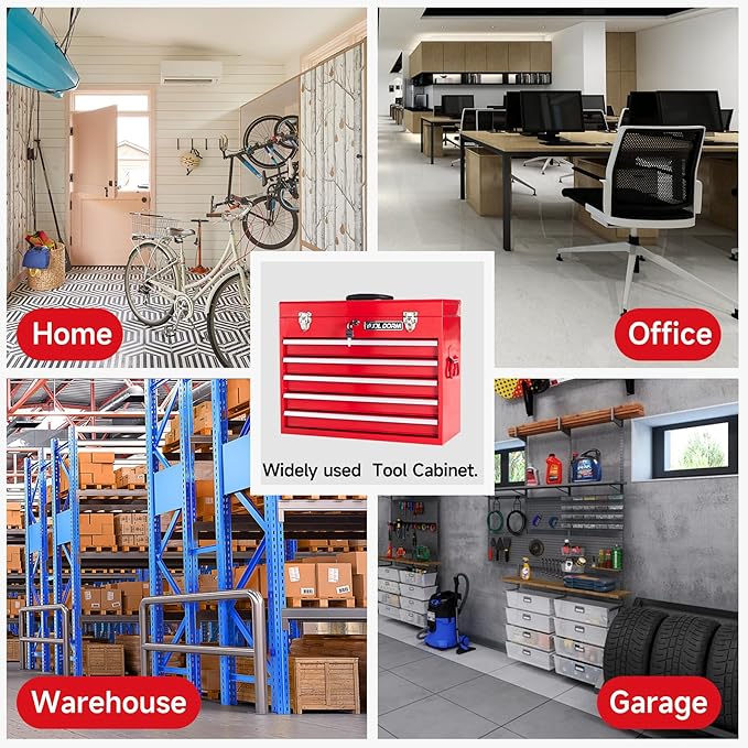 Metal Tool Box with 5 Drawers Portable Steel Tool Chest with Metal Cylinder Lock and Latch Closure, Liner, Red Powder coating, suitable for Garage, Warehouse and Outdoor Repair job