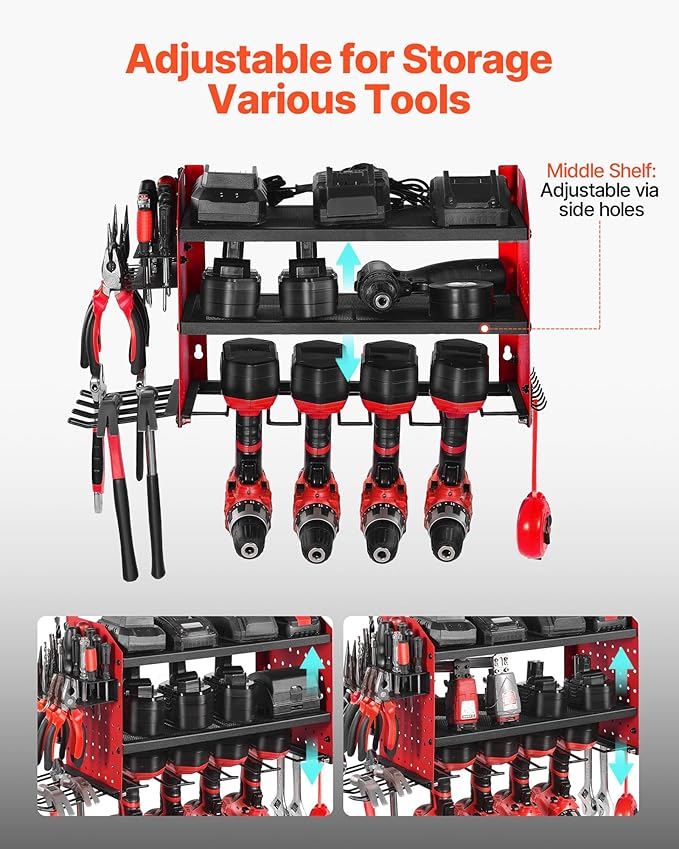 VEVOR Power Tool Organizer Wall Mount, 3-Layer Storage Rack with 4 Drill Holders, Tools Holder and Storage Rack with Side Pegboards, Garage Tool Organizer for Garage, Workbench, and Workshop