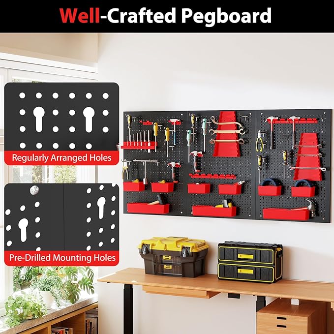 Goplus Pegboard Wall Organizer, 9-Bin Parts Rack Organizer w/Hammer Racks, Tool Holders & Hooks, Heavy-Duty Utility Tool Storage Board w/Accessories for Garage, Workshop, Craft Room