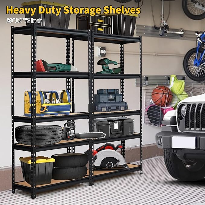 PeakPursuit Storage Shelving Unit, 5-Tier Adjustable Metal Storage Shelves, 30" L x 12" W x 60" H Heavy Duty Garage Storage Shelves for Kitchen Pantry Basement Bathroom Laundry