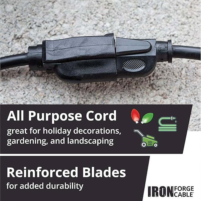 Iron Forge Cable 10 ft Lighted Outdoor Extension Cord - 10/3 SJTW Heavy Duty Black Extension Cable with 3 Prong 15 AMP Grounded Plug for Safety