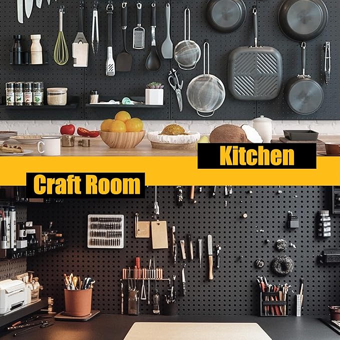 Spampur Peg Board, 4 Pack Metal Pegboard Panels with 50 Hooks, Black Pegboards Wall Organizer, Heavy Duty Peg Board for Walls Home, Garage Tool Storage, Office Organization, Craft Room, Kitchen