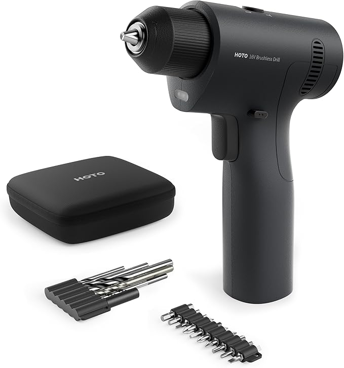HOTO 16V Brushless Power Drill, 50 N·m High Torque with Smart Display, Auto Mode and LED Light, 10 Bits, 5 Drill Bits, 3/8” Keyless Chuck, Two Working Modes, Perfect for Home Repairs and Projects