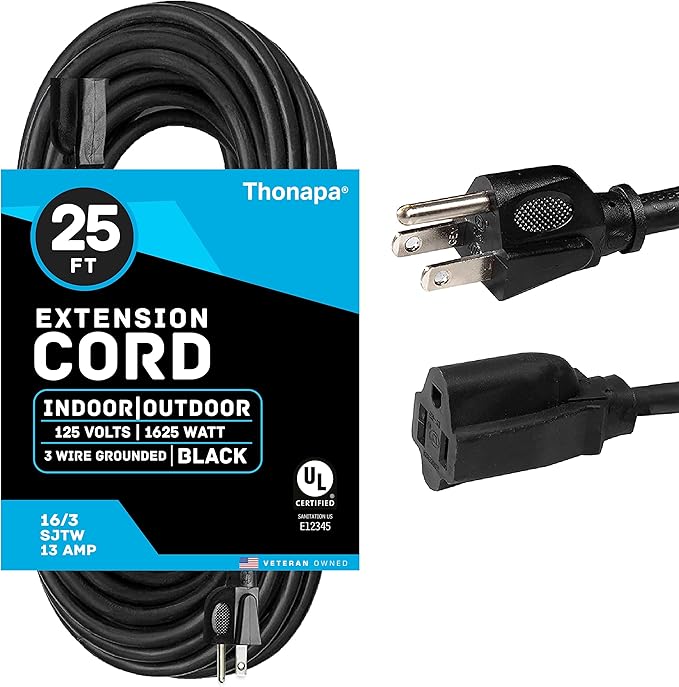 Thonapa 13 Amp Outdoor Extension Cord 25 ft, 16/3 SJTW 25 Foot Black Extension Cord 3 Prong, Weatherproof Exterior Power Cable for Outdside Lights & Lawn, UL Certified - US Veteran Owned