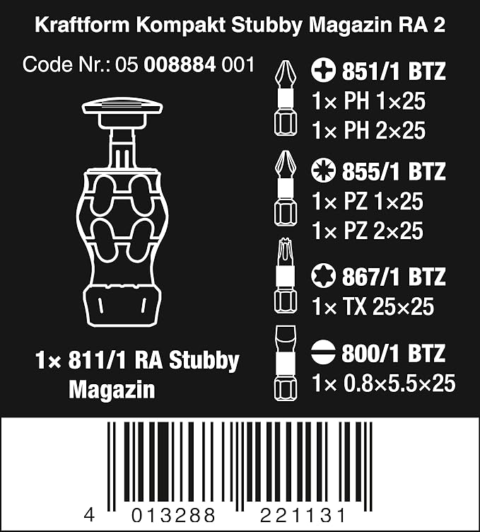 Wera 05008884001 Kraftform Kompakt Stubby magazine RA 2, Stubby Ratchet Screwdriver with Bit Magazine, 6 pieces