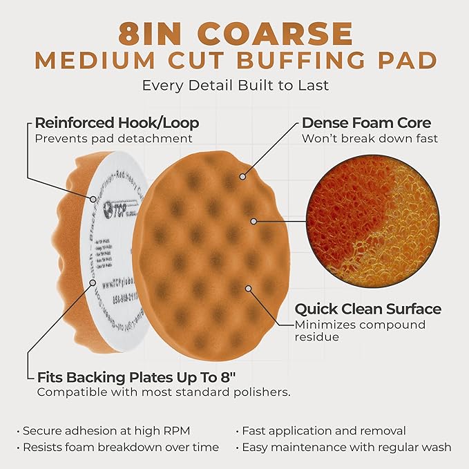 TCP Global 8" Orange Waffle Foam Buffing Pad Hook and Loop Backing - Coarse Buffing Pad for Polishing, Automotive, Marine, Truck, RV & Compound Cutting, Car Polishing Pads