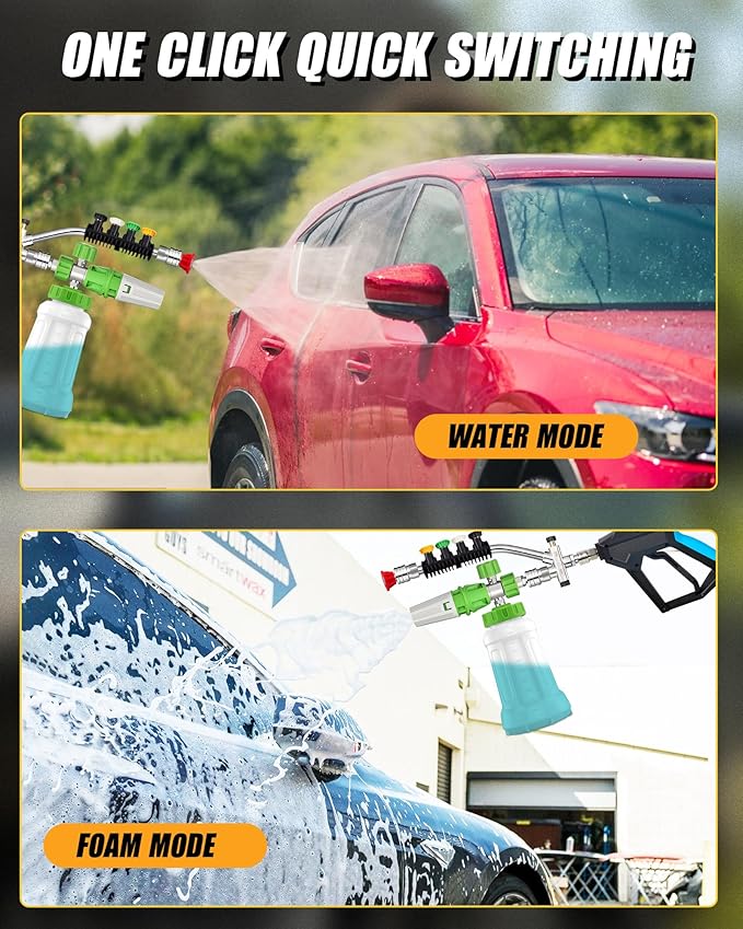 Foam Cannon Dual Connector, Double Tip Attachment with 5 Spray Nozzles, 4000 PSI, 1/4'' Quick Connect