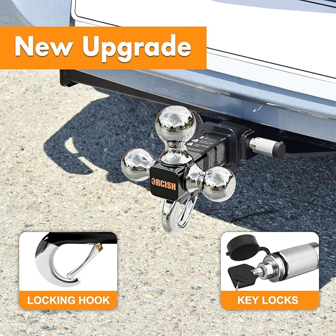 ORCISH Tri-Ball Trailer Hitch with Self-Lock Latch & Hook, Chrome Trailer Ball Size 1-7/8", 2" and 2-5/16", Fit 2 Inch Hitch Receiver, Anti-Theft Locking Tow Hitch Mount, 10,000 lbs Max Capacity