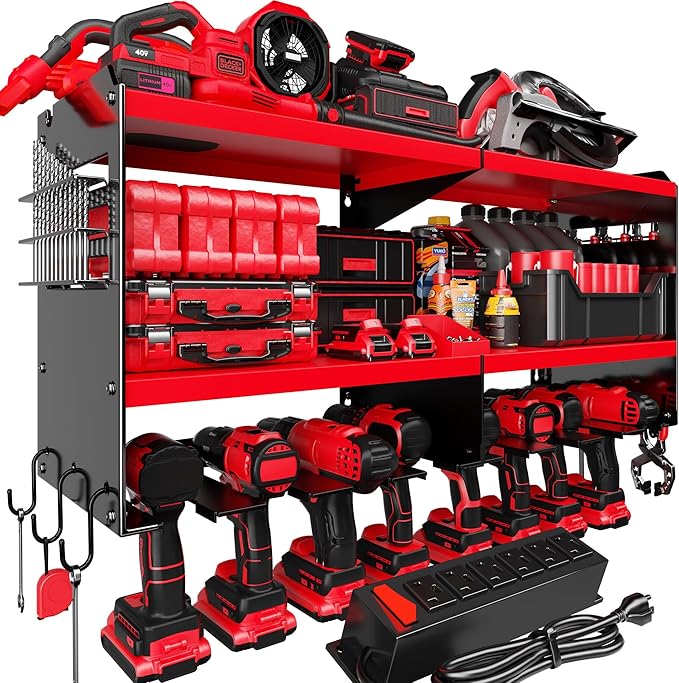 Spampur Power Tool Organizer Wall Mount with Charging Station, 15 Min Assembly & Maximum 420lbs Load by Heavy Duty Metal, 8 Slots for Cordless Drill, Tool Battery Holder with 6 Outlet Power Strip